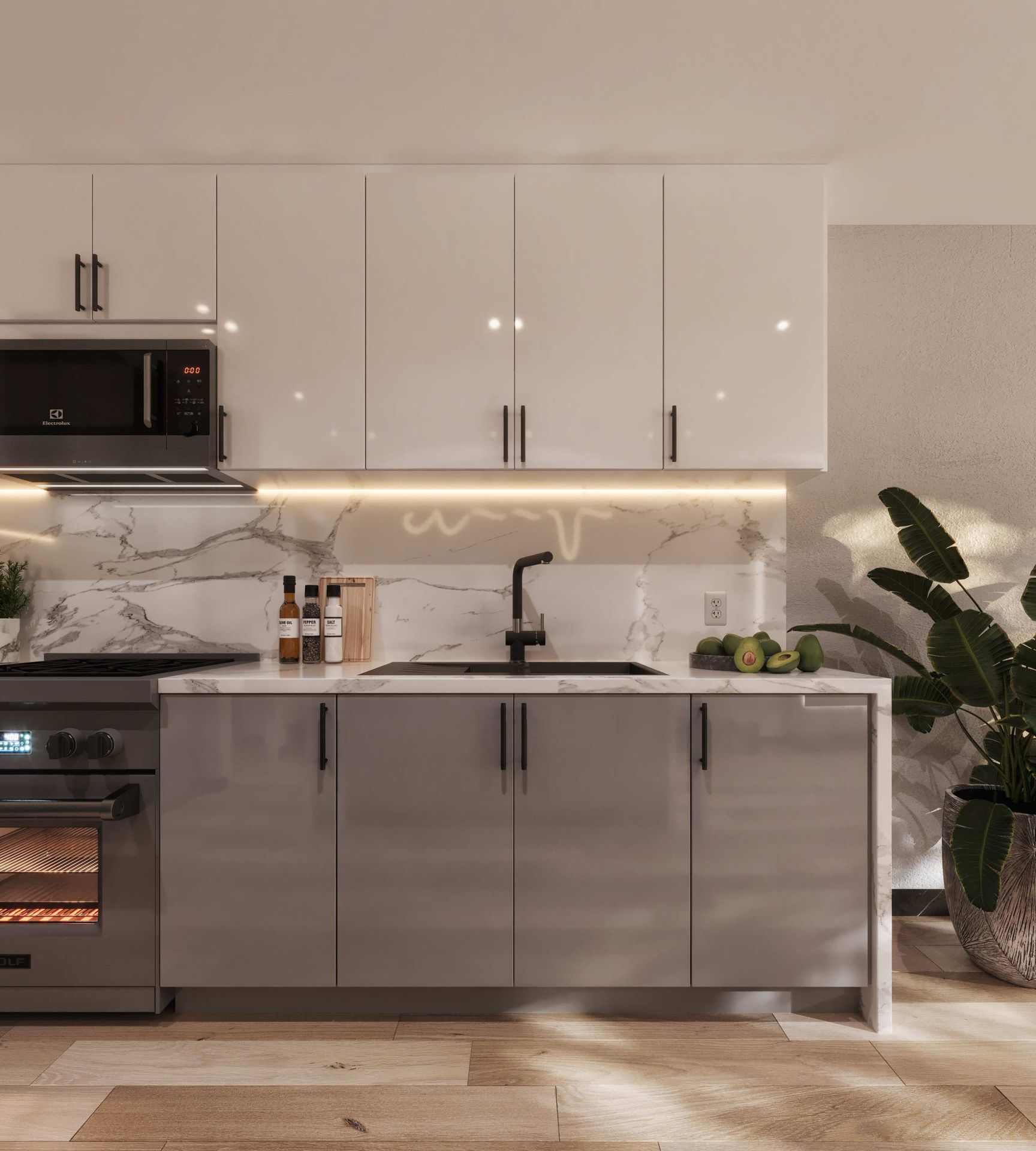 High-Gloss Gray and High-Gloss White kitchen wall