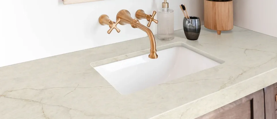 Quartz countertops in bathroom remodel