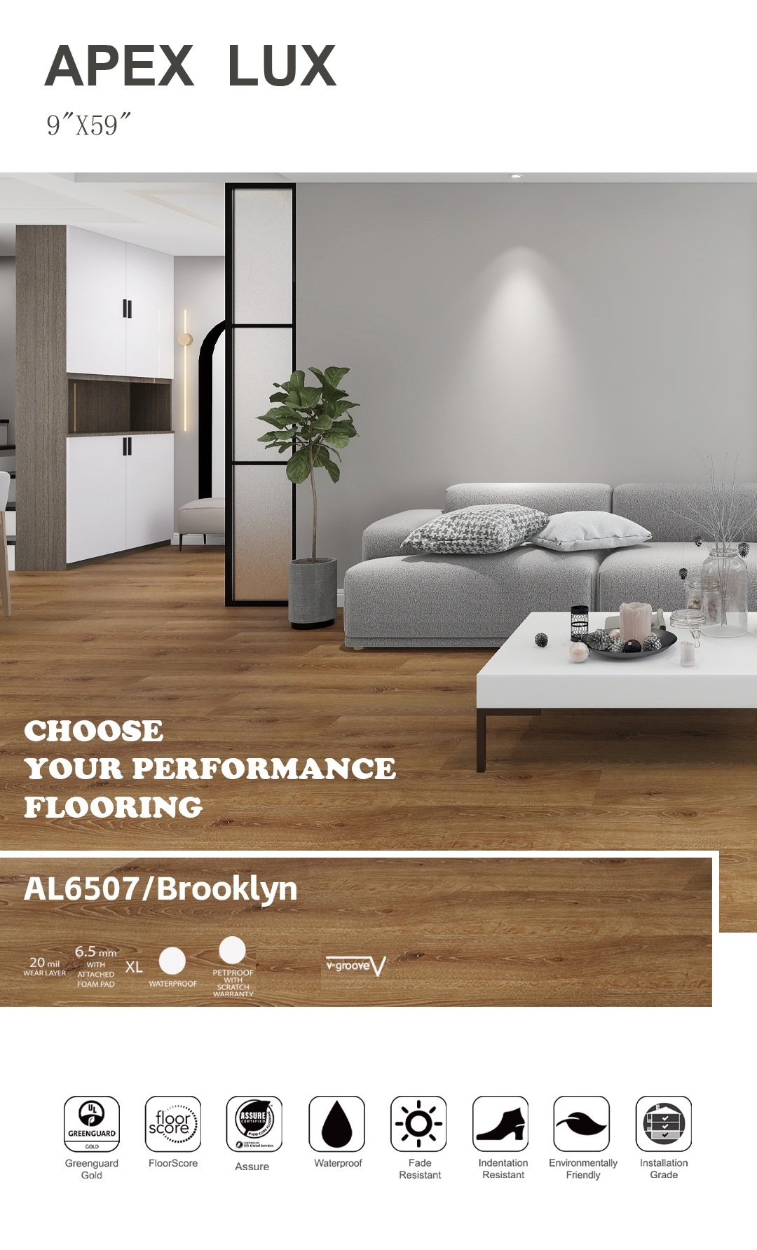 Grey vinyl flooring planks in a minimalist living room design.