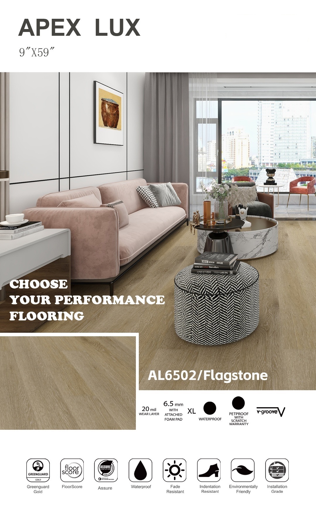 Modern living room interior with Apex Lux vinyl flooring installed in Orlando home.