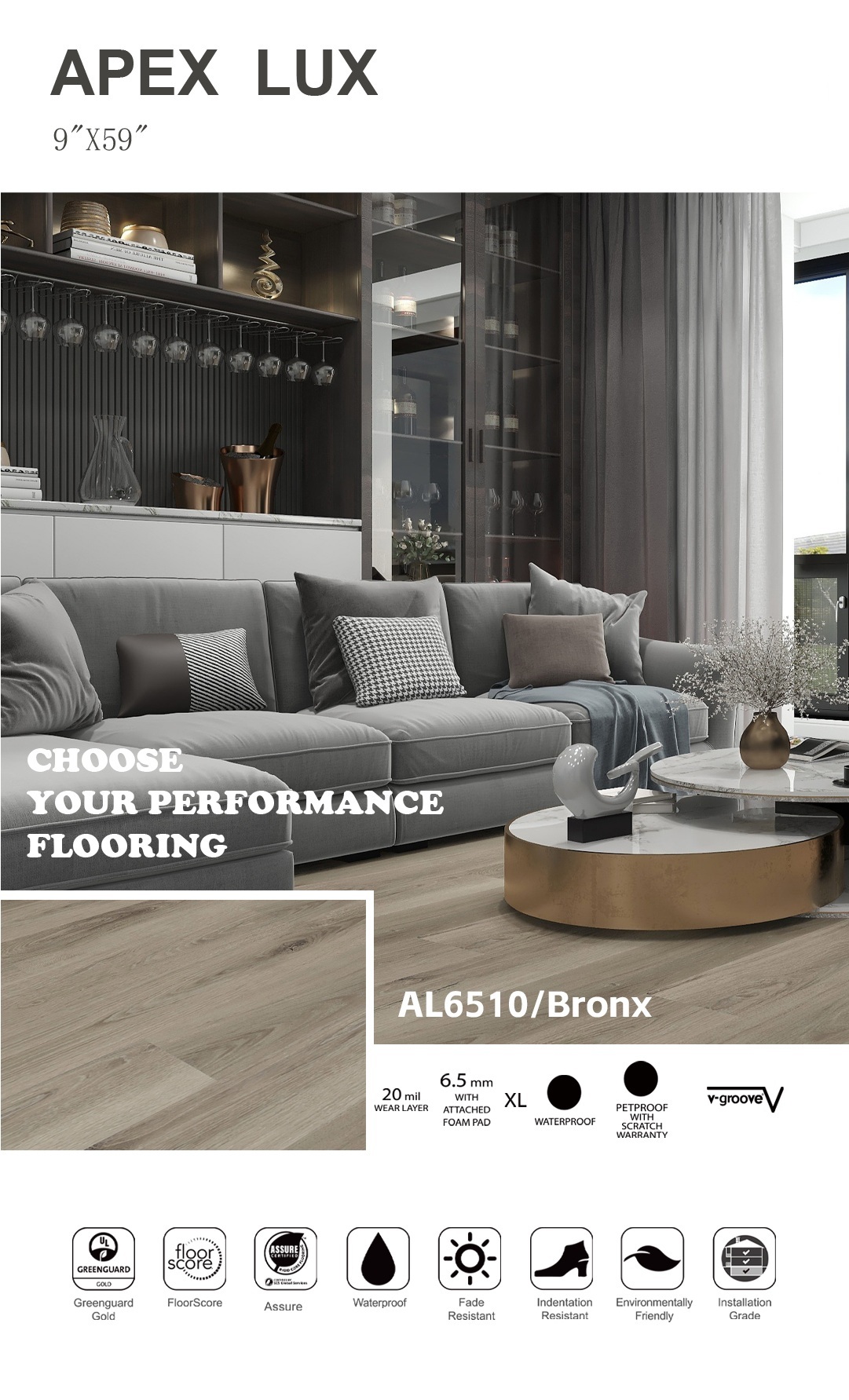 Detailed view of Apex Lux flooring wood grain finish and 20 Mil wear layer.